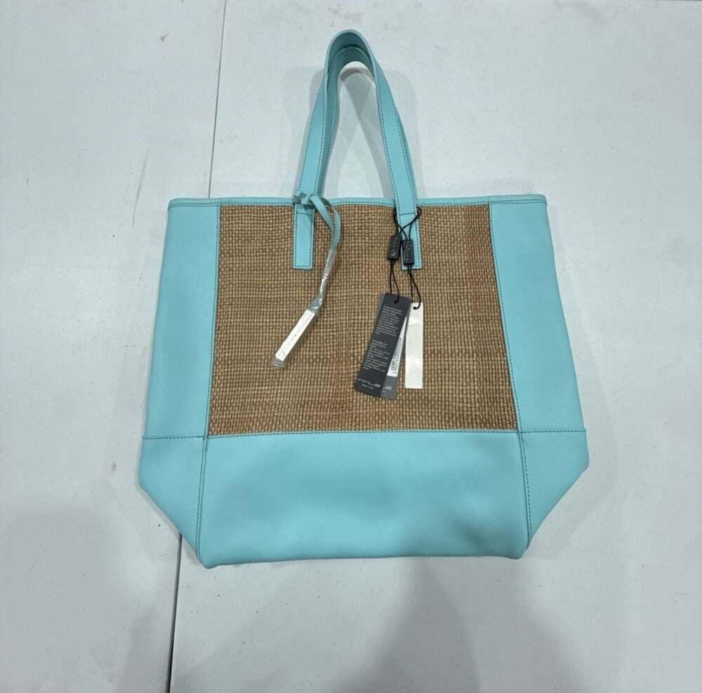 Innue Genuine Leather and Straw Tote Bag, Aqua